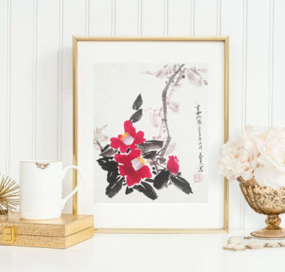 Kamelie camellia chinese Japanese painting home Haus decor wall art apanische chinesische Tusche Malerei Heim Büro Deko Wand Kunst