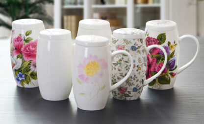 Blumen Trommel tasse Deckel Becher Tee tea cup knochen porzellan