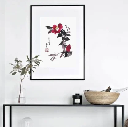 Kamelie zeichnen camellia painting tusche malerei sumi-e painting tusche Zeichnen tinte zeichnung wand dekoration wandkunst Büro dekoration wohn decoration blumen zeichnen landscape painting landschaft malerei tier zeichnen