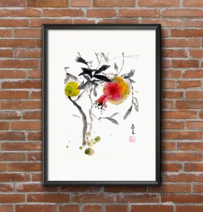 Granatapfel tusche malerei sumi-e painting tusche Zeichnen tinte zeichnung wand dekoration wandkunst Büro dekoration wohn decoration blumen zeichnen landscape painting landschaft malerei tier zeichnen