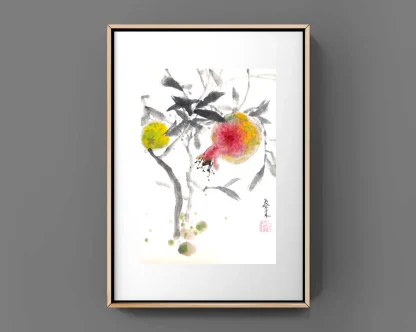 Granatapfel tusche malerei sumi-e painting tusche Zeichnen tinte zeichnung wand dekoration wandkunst Büro dekoration wohn decoration blumen zeichnen landscape painting landschaft malerei tier zeichnen