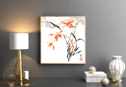 Blumen zeichnung Orchidee chinesische Tusche Malerei orchid japanische Sumi-e painting Heim Haus Büro Deko Wand Kunst